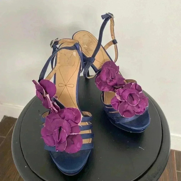 Satin blue & purple strappy heels. - Picture 4 of 5